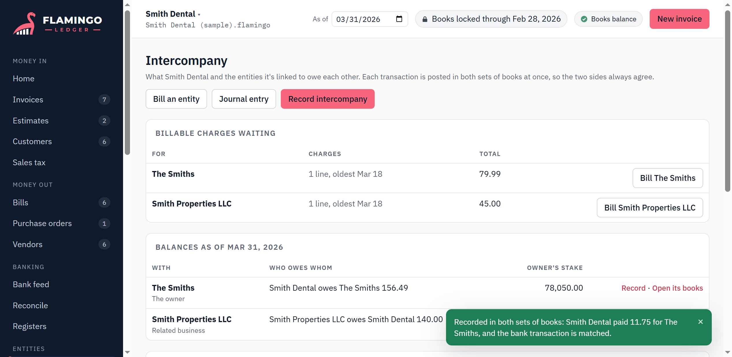 The Intercompany screen: billable charges waiting, balances owed between the practice, its owners and a related property company, and a list of transactions.