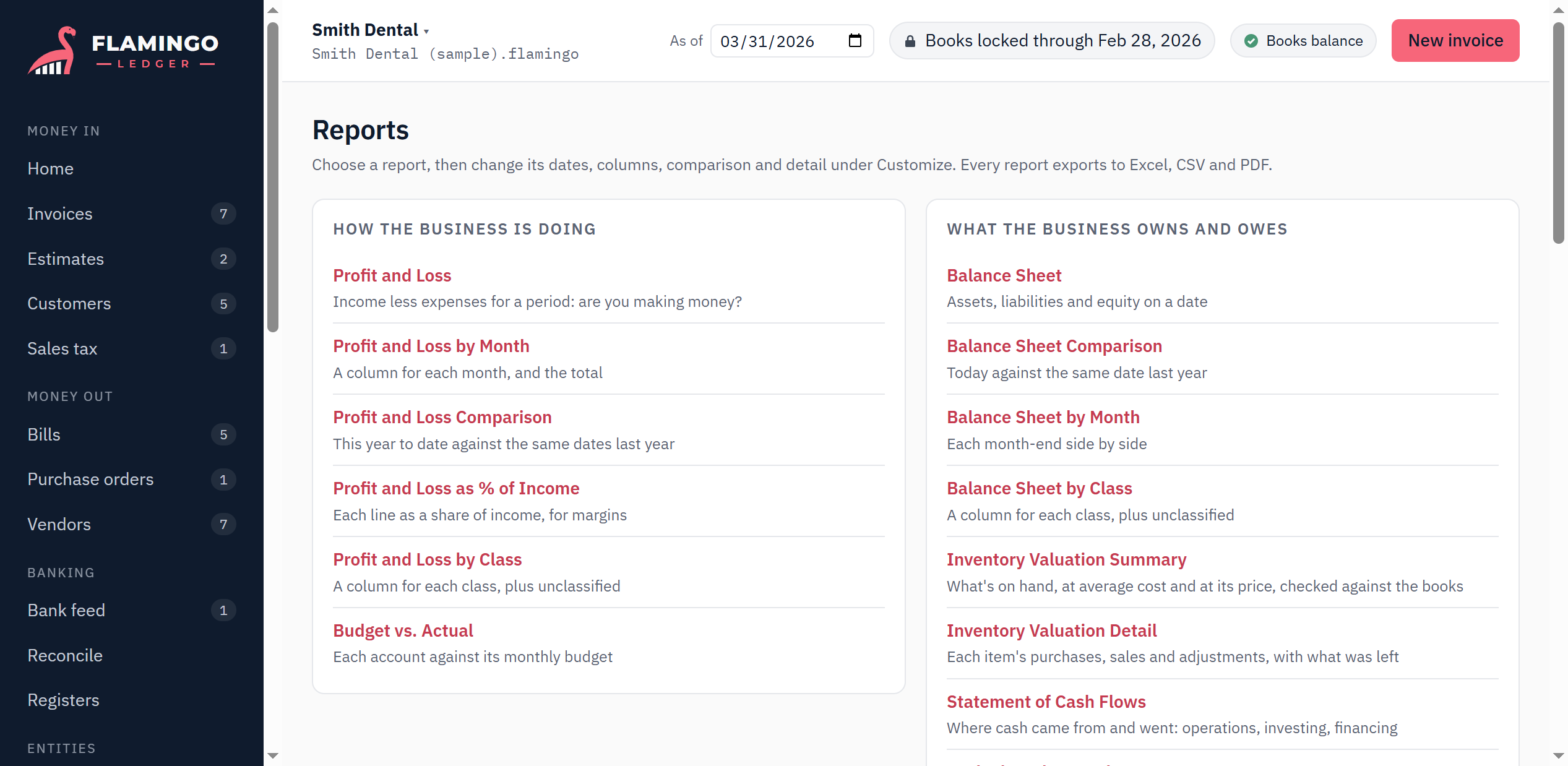 The Reports screen, grouped into how the business is doing, what it owns and owes, who owes you and what you owe.
